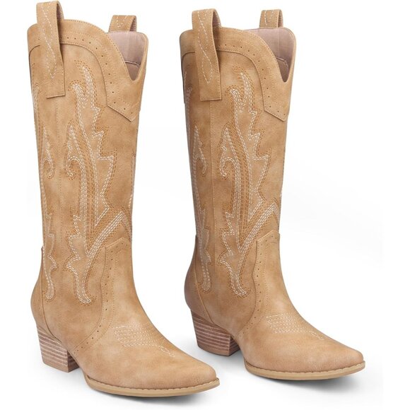 Women Synthetic Tan Boots Mid-calf Pointy Toe Chunky Heels Embroidered Boot - Picture 1 of 9